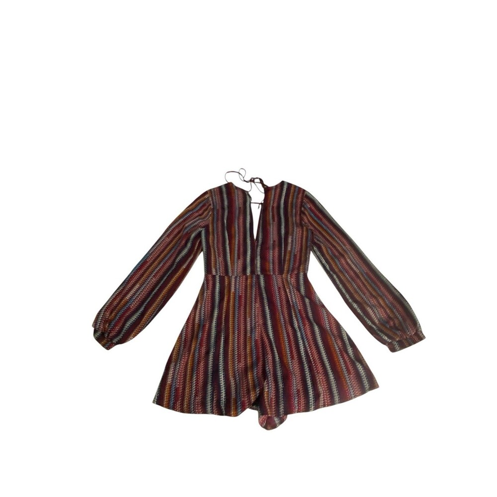 Lush Boho Striped Romper Woman’s S Long Bell Sleeve Burgundy Open Back Tie Retro